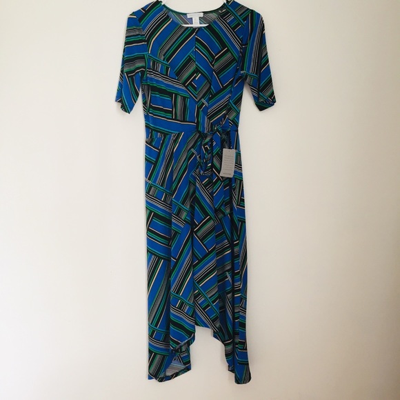 *DONATED* LONDON TIMES NWT Blue Green Black Striped Midi Dress Size 2 - Picture 3 of 11